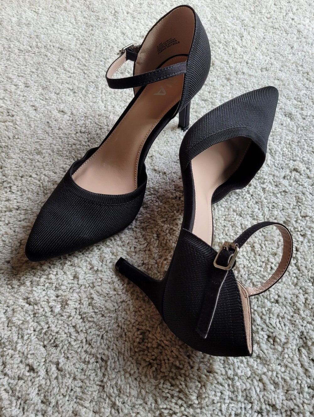 New, Classic Black Knit Fabric Pointed-Toe Slingback Heels Ankle Strap  8 1/2